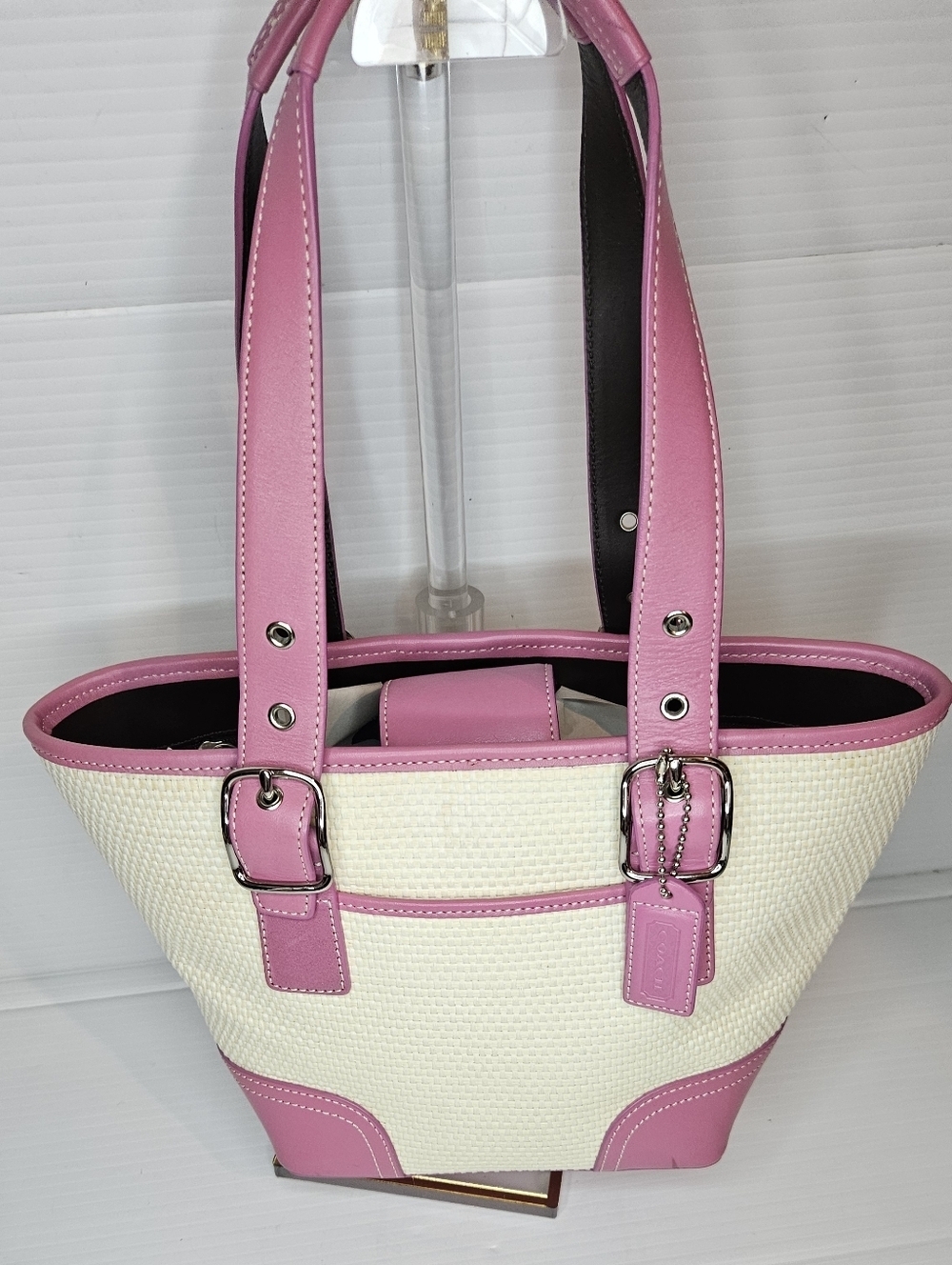 Rare Vintage Y2K Coach Pink Raffia Handbag Straw Bag Summer Chic